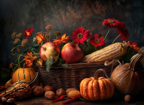 Autumn still life with a basket, fruits and flowers.