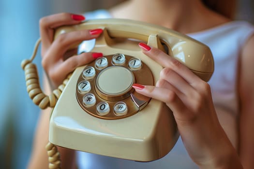 A womans hand dials a vintage rotary phone, her red nail polish adding a touch of color.