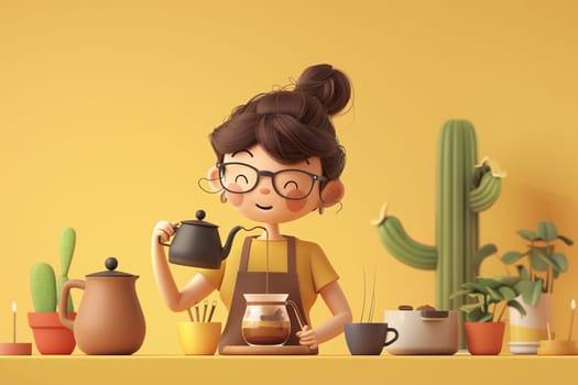 An animated woman with brown hair and glasses is pouring coffee from a black kettle into a glass carafe. She is wearing a yellow shirt and a brown apron.