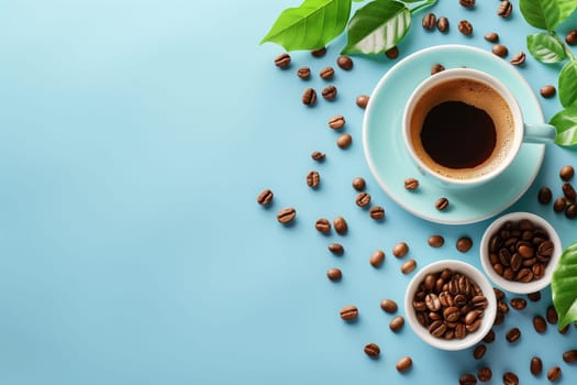 A cup of coffee with a saucer, coffee beans, and green leaves on a blue background.