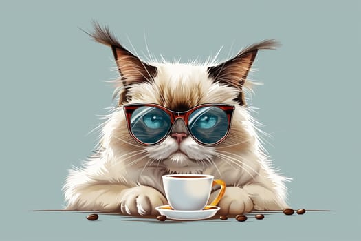 A white cat with blue eyes wearing sunglasses sits at a table with a cup of coffee and a saucer.