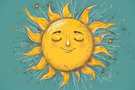 A digital illustration of a smiling sun with closed eyes, drawn on a textured, turquoise background.