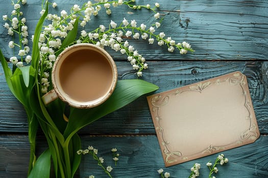 A cup of coffee, a bouquet of lily of the valley flowers, and a blank card sit on a weathered blue wooden table. This image evokes a peaceful and serene morning.