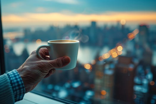 A hand holds a steaming cup of coffee with a blurred city skyline in the background.