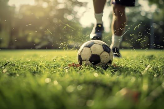 A close-up shot of a soccer ball being kicked by a player on a green grassy field. The sun is shining, and the image is taken from a low angle.