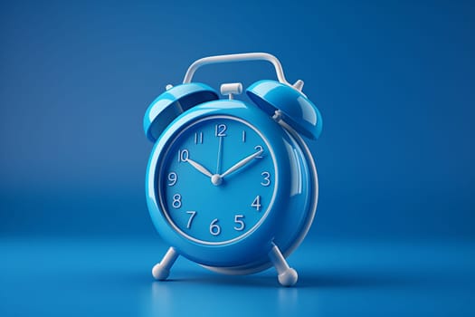 A blue alarm clock with white hands and numbers sits on a blue surface.