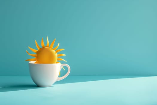 A yellow sun-shaped fruit sits in a white ceramic mug on a blue background. The fruit is made to resemble the sun with rays extending out.