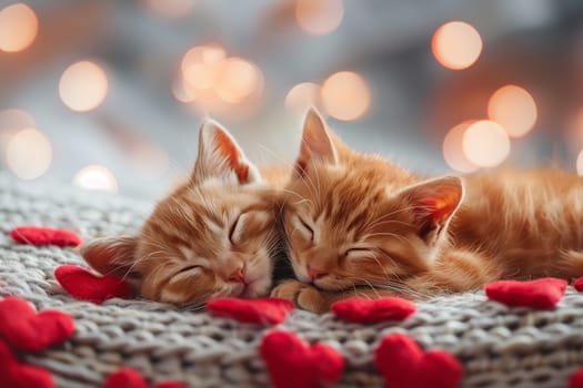 Two orange kittens snuggle together and sleep peacefully on a gray blanket with red hearts scattered around them.