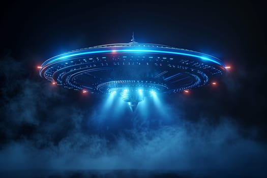 A sleek, silver UFO with glowing blue and red lights hovers over a dark, stormy sky filled with clouds.