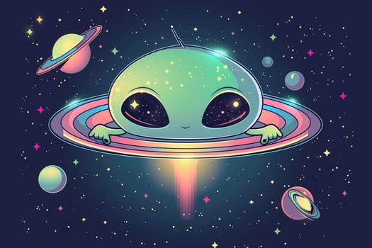 A cartoon alien in a UFO is flying through space, with stars, planets, and a colorful trail behind it.