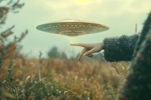 A person points upwards at a flying saucer that hovers in the air above a dense, green forest.