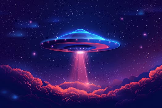 A flying saucer hovers in the night sky, emitting a bright, pink light beam towards the clouds below.