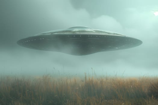 A large, metallic UFO hovers silently over a misty field, bathed in the warm light of a setting sun.