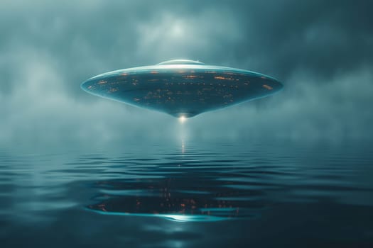 A metallic UFO hovers over a calm, dark blue sea at night. The UFO is illuminated from within, casting a faint glow on the surrounding fog.