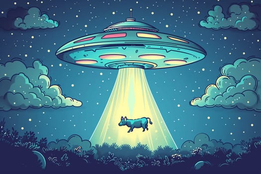 A cartoon UFO hovers over a forest, its beam of light lifting a cow into the air.