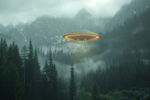 A silver UFO hovers in the sky above a foggy forest, bathed in the soft light of dawn.