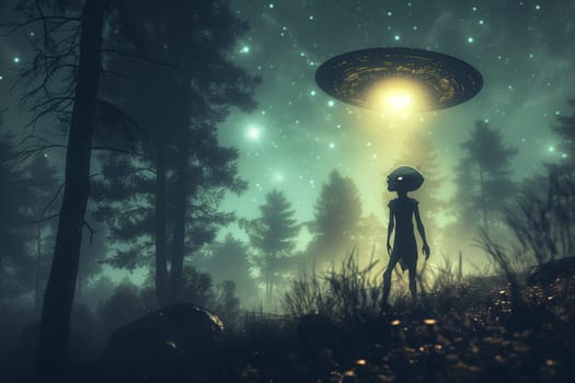 A lone alien figure stands in a shadowy forest, looking up at a glowing UFO hovering overhead.