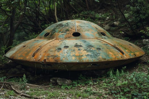 A rusted UFO lies abandoned in a dense forest, surrounded by foliage.