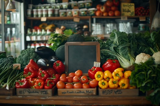 A wooden crate filled with fresh produce, including tomatoes, broccoli, and other leafy greens, sits on a rustic wooden countertop in a local market.