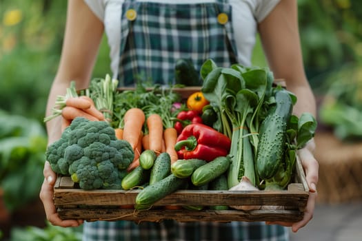 A woman holds a wooden crate filled with fresh vegetables she harvested from a garden.