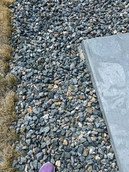 An early spring scene featuring a yard with patchy, dry grass bordered by gravel and concrete pavement. The image captures the transitional phase of lawn recovery after winter.