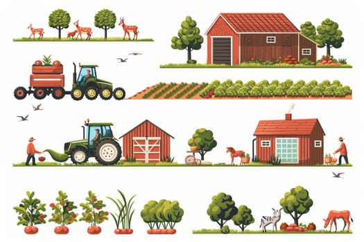 A cheerful illustration of a rural farm, featuring green tractors, red barns, and various animals like deer, horses, and a zebra.