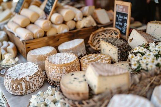 A variety of cheeses are displayed on wooden boards at a farmers market stall. The cheeses include soft, semi-soft, and hard varieties, with some featuring blue veins and others with a white rind.