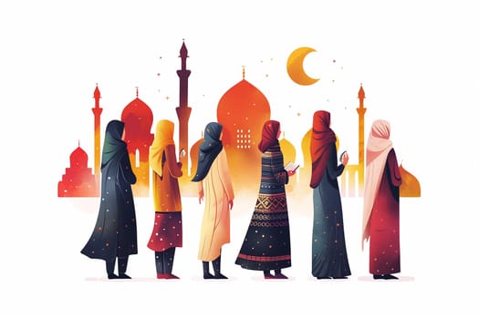 An illustration depicting seven Muslim women praying in front of a mosque, with a crescent moon in the sky.