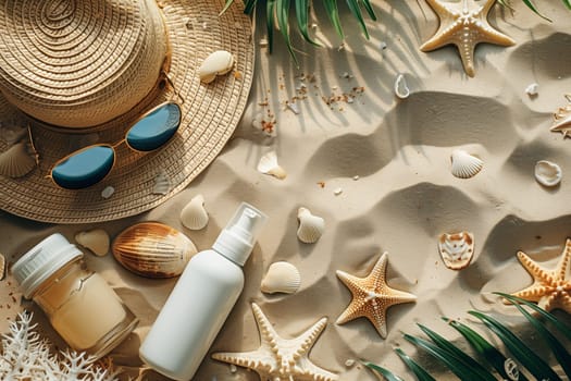 A flat lay image of various beach essentials, including a hat, sunglasses, sunscreen, and shells.