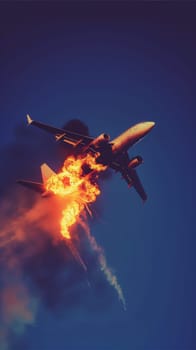 A commercial airplane is engulfed in flames while in mid-air flight.
