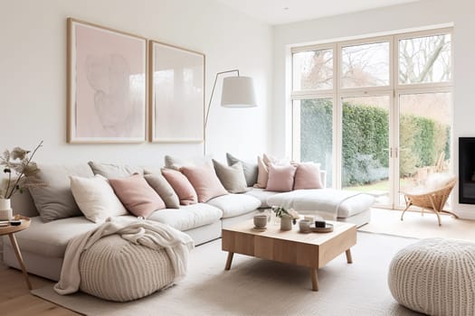 A warm and inviting living space featuring a neutral-toned sofa with colorful pillows, paired with a wooden coffee table and elegant wall art - Generative AI