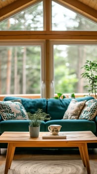 A comfortable blue sofa adorned with patterned cushions is the focal point in a cabin living room, complemented by a wooden coffee table holding a potted plant and a tea cup - Generative AI