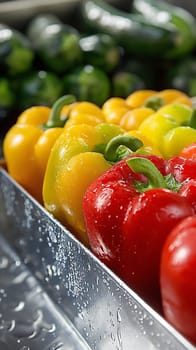 Row of dew-kissed red, yellow, and green bell peppers on display, showcasing their vibrant hues and freshness
