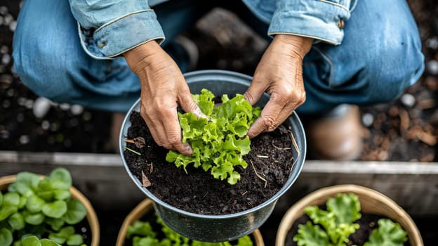 A person is engaged in urban gardening, carefully planting lettuce seedlings in a soil-filled container, surrounded by other potted plants - Generative AI