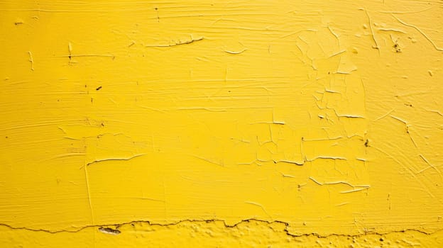 Close-up view showing the details of a yellow wall with peeling paint, revealing the effects of weathering and time - Generative AI