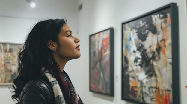 Rear view of interested young woman visitor stands in a modern art gallery looking at abstract paintings at the exhibition