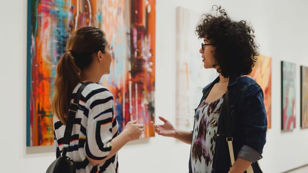 Two interested women visitors discussing in a modern art gallery looking at abstract paintings, people talking at the exhibition