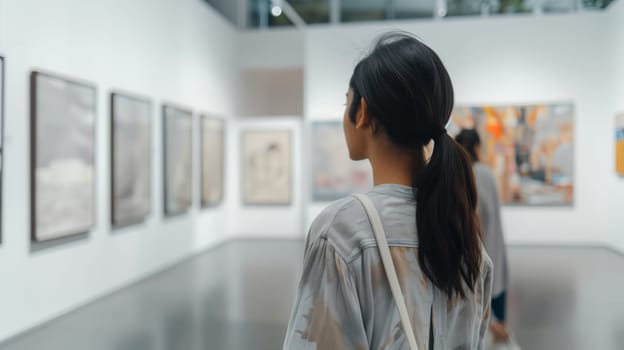 Rear view of interested young woman visitor stands in a modern art gallery looking at abstract paintings at the exhibition