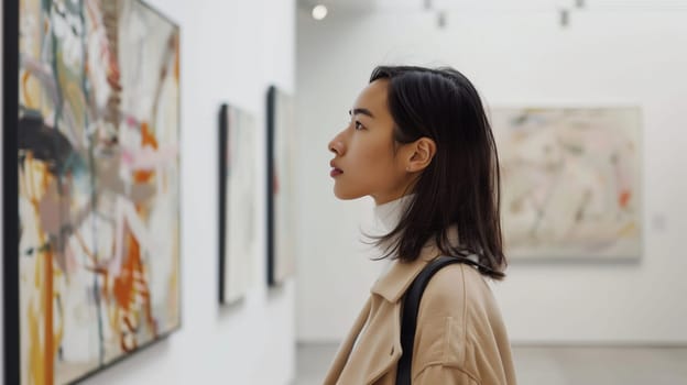 Rear view of interested young woman visitor stands in a modern art gallery looking at abstract paintings at the exhibition