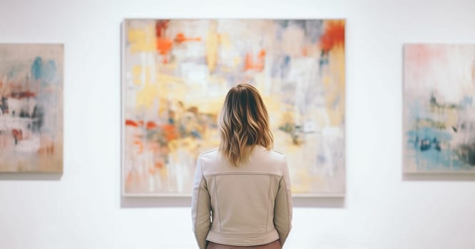 Rear view of interested young woman visitor stands in a modern art gallery looking at abstract paintings at the exhibition