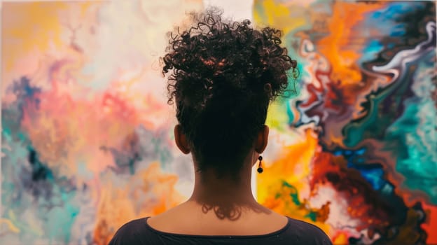 Rear view of interested young woman visitor stands in a modern art gallery looking at abstract paintings at the exhibition