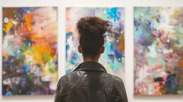 Rear view of interested young woman visitor stands in a modern art gallery looking at abstract paintings at the exhibition