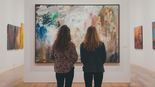 Two interested women visitors discussing in a modern art gallery looking at abstract paintings, people talking at the exhibition