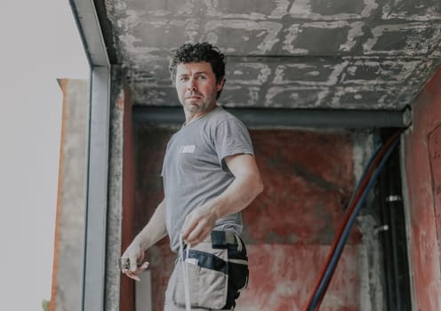 A young caucasian man in a gray t-shirt with curly brown hair stands on a stepladder and looks smiling at the camera, prepares to set the window, close-up view from below with depth of field. The concept of installing windows, construction work, house renovation.