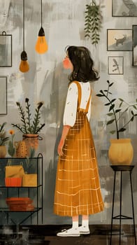 A girl wearing a yellow onepiece garment stands in a room filled with houseplants. Her orange sleeves contrast with the tartan flowerpots around her