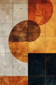 An art piece featuring circles and squares painted on brown hardwood flooring. The wood stain enhances the material property of the hardwood