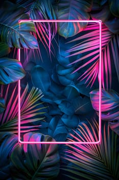 a neon frame is surrounded by tropical leaves on a dark background . High quality