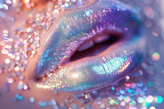 Shimmering, holographic glitter lips, iridescent colors shifting under the light.