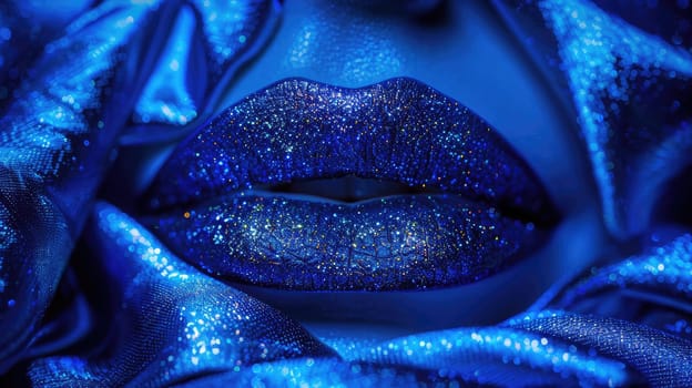 Vibrant blue glitter lips, illuminated with cool light from below.