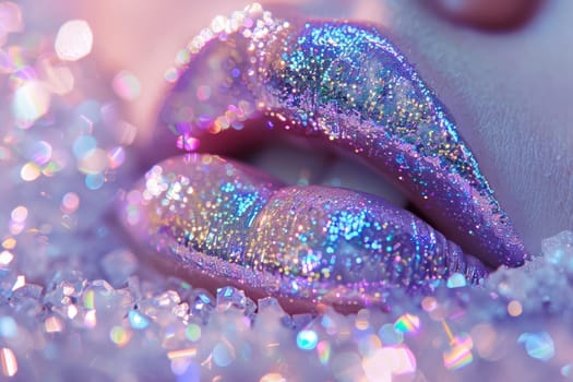 Shimmering, holographic glitter lips, iridescent colors shifting under the light.